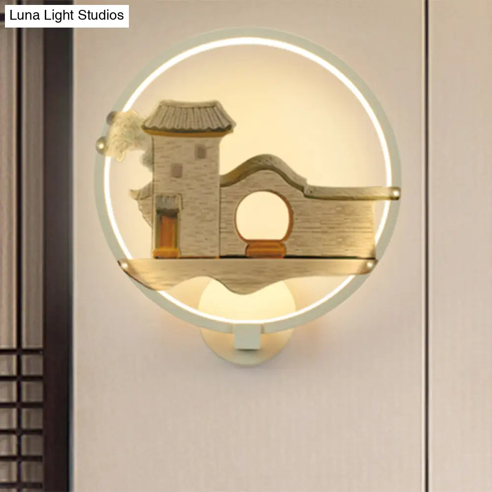 Asia Style Led Metal Wall Lamp - Black/White Circular House Lighting For Guest Room