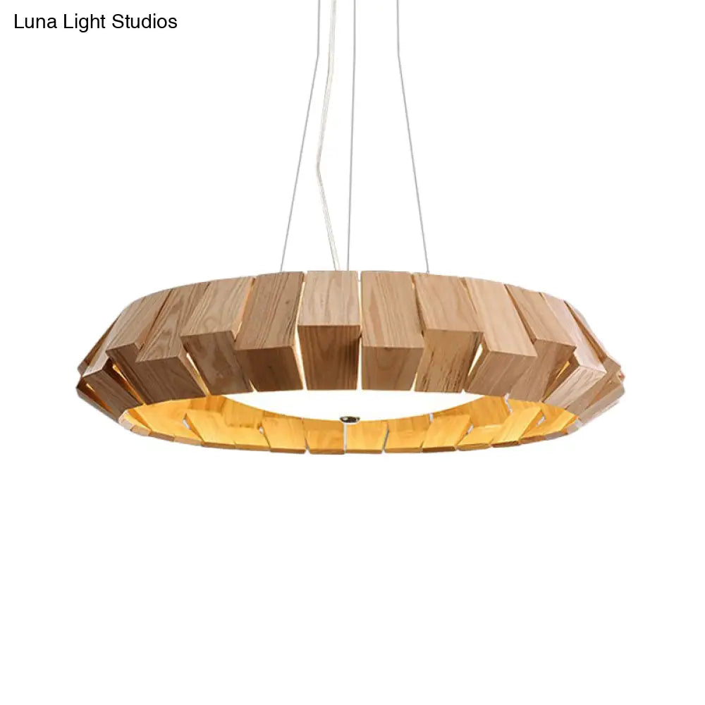 Asia Style Led Pendant Light With Wood Curve Design And Milk Glass Diffuser