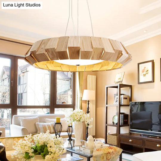 Asia Style Led Pendant Light With Wood Curve Design And Milk Glass Diffuser