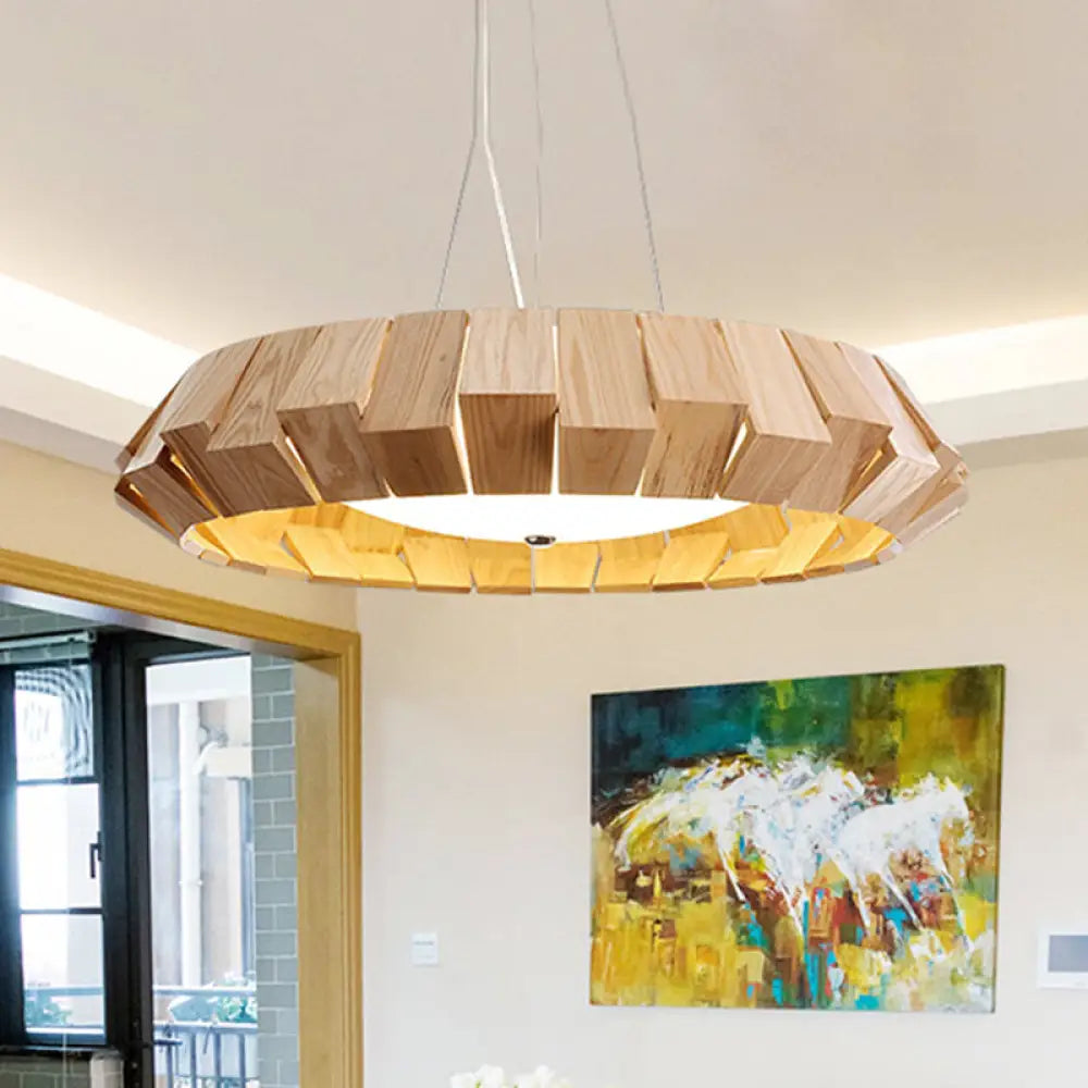 Asia Style Led Pendant Light With Wood Curve Design And Milk Glass Diffuser