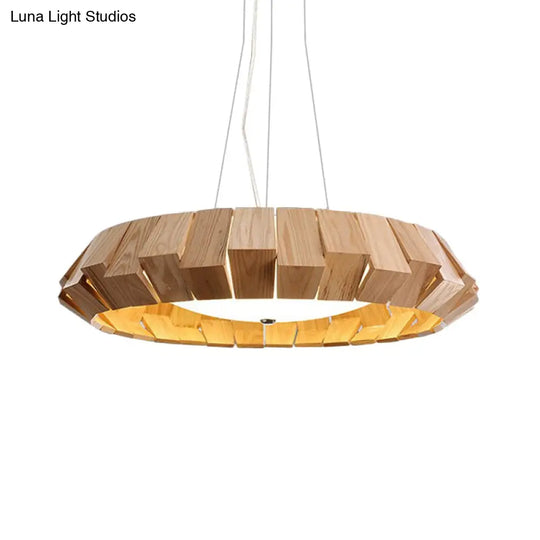 Curved-Edge Round Led Pendant Lighting - Asia Style Natural Wood Lounge Hanging Light With Milk