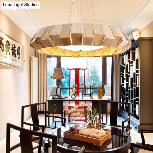 Asia Style Led Pendant Light With Wood Curve Design And Milk Glass Diffuser