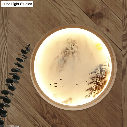 Asia Style Led Wall Light With Circular Metallic Pine Tree And Bird Design