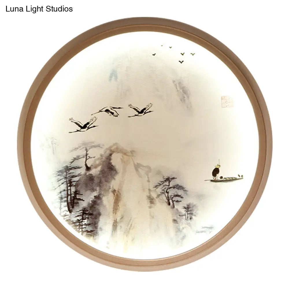 Asia Style Led Wall Light With Circular Metallic Pine Tree And Bird Design