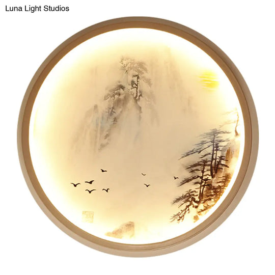 Asia Style Led Wall Light With Circular Metallic Pine Tree And Bird Design