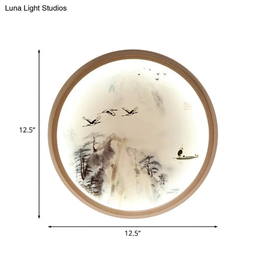 Asia Style Led Wall Light With Circular Metallic Pine Tree And Bird Design