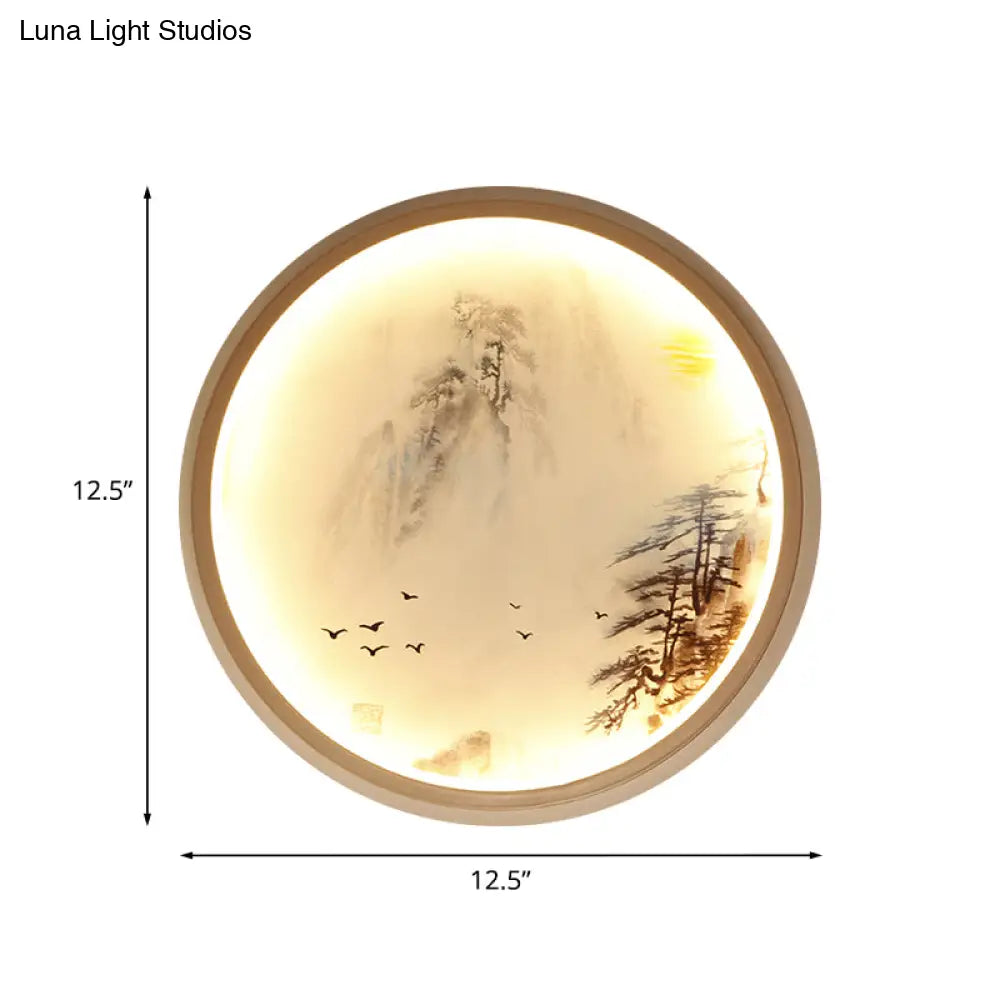 Asia Style Led Wall Light With Circular Metallic Pine Tree And Bird Design