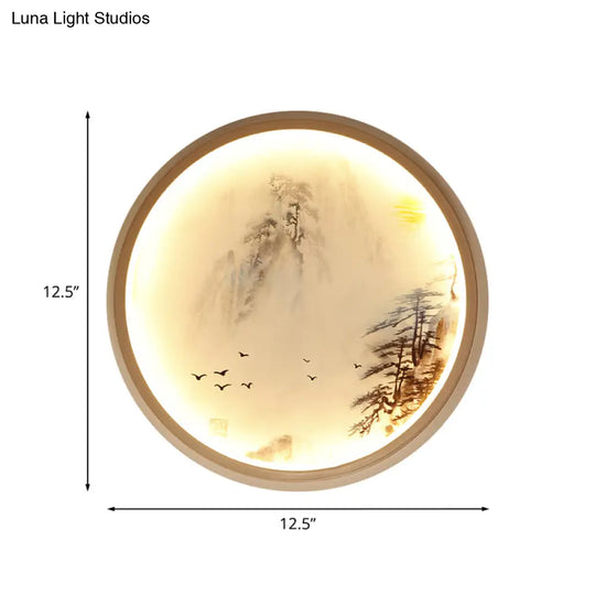 Asia Style Led Wall Light With Circular Metallic Pine Tree And Bird Design