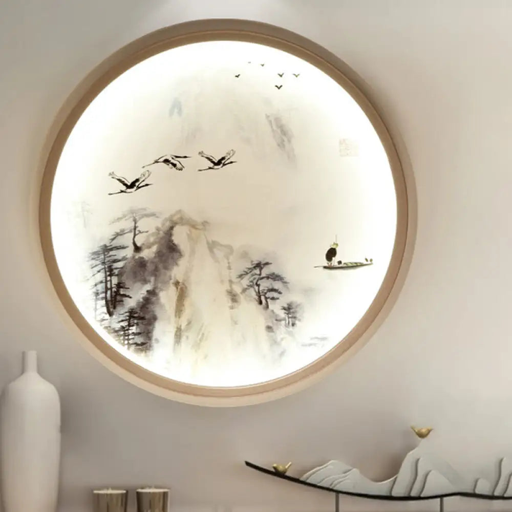 Asia Style Led Wall Light With Circular Metallic Pine Tree And Bird Design White / B