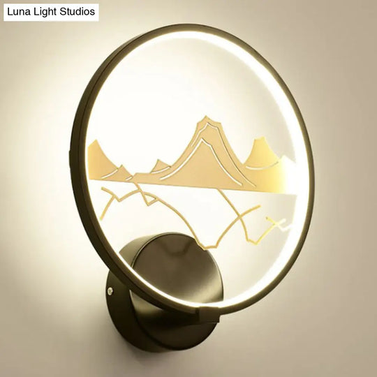 Asia Style Led Wall Light With Mountain Pattern - Black Circular Mount