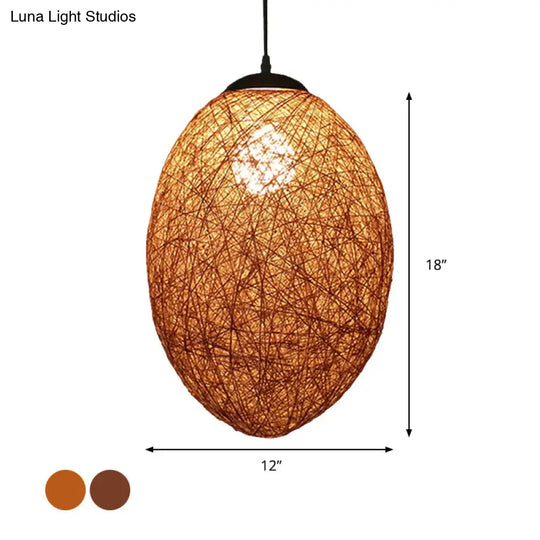 Asia Style Rattan Woven Pendant Lighting - 1 Head Ceiling Lamp In Brown/Coffee