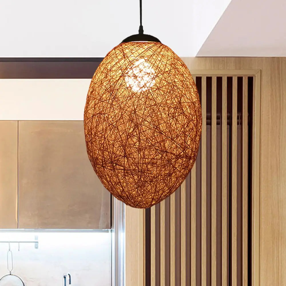 Asia Style Rattan Woven Pendant Lighting - 1 Head Ceiling Lamp In Brown/Coffee Brown