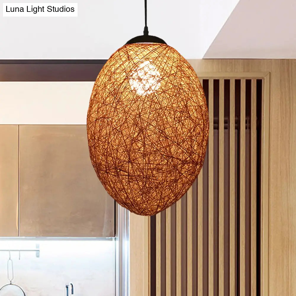 Asia Style Rattan Woven Pendant Lighting - 1 Head Ceiling Lamp In Brown/Coffee