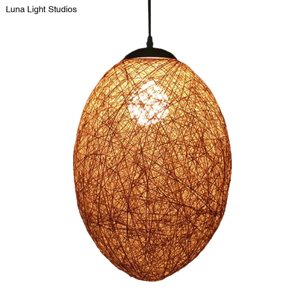 Asia Style Rattan Woven Pendant Lighting - 1 Head Ceiling Lamp In Brown/Coffee