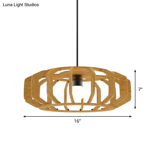 Asia-Style Wooden Lantern Ceiling Light With Suspension Lamp Design - 1 Bulb For Living Room