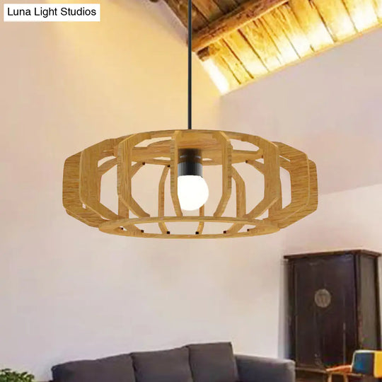 Asia-Style Wooden Lantern Ceiling Light With Suspension Lamp Design - 1 Bulb For Living Room