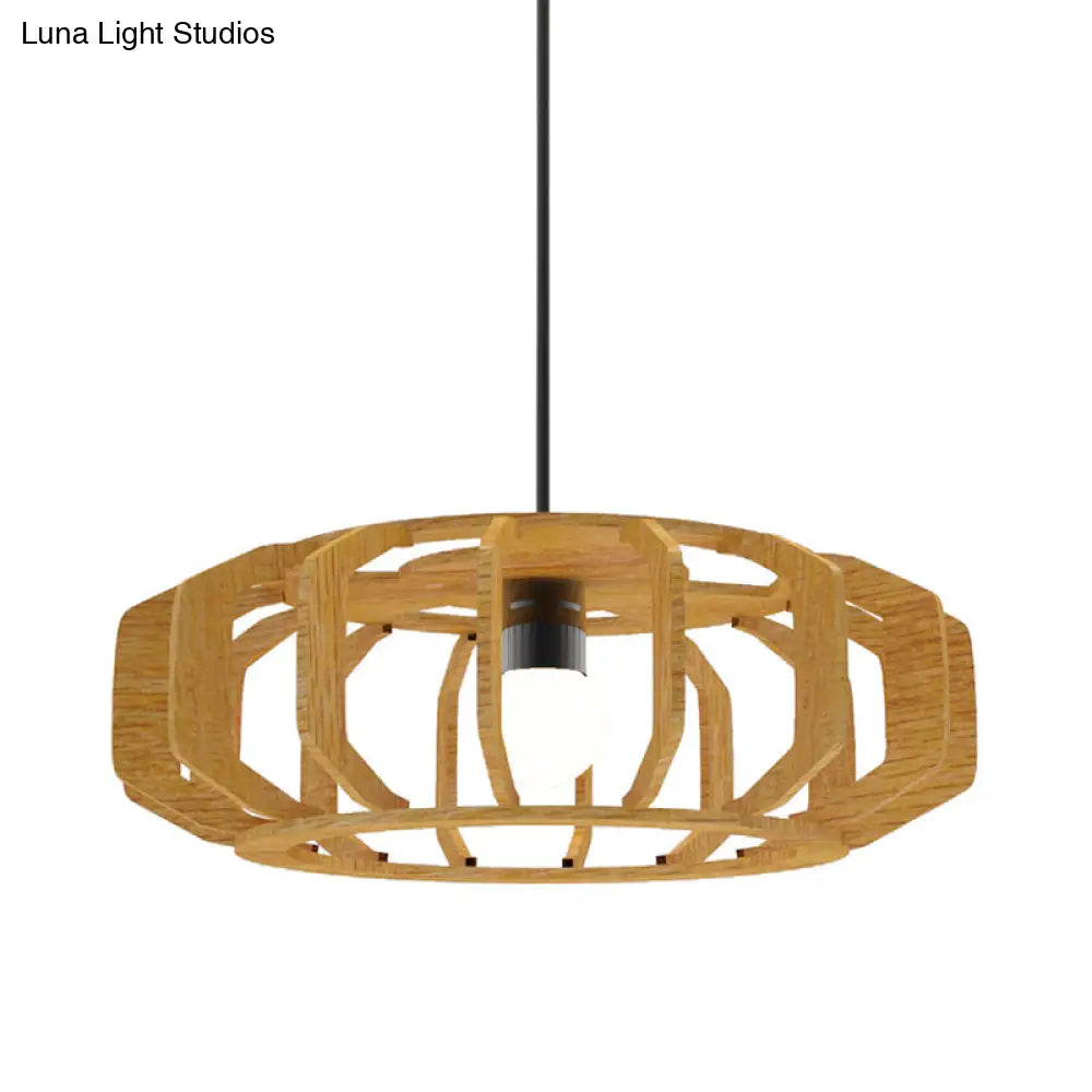 Asia-Style Wooden Lantern Ceiling Light With Suspension Lamp Design - 1 Bulb For Living Room