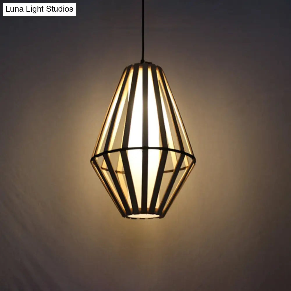 Asia Wood Cone Hanging Lamp - Brown Ceiling Pendant Light With White Parchment Inner Tube Shade