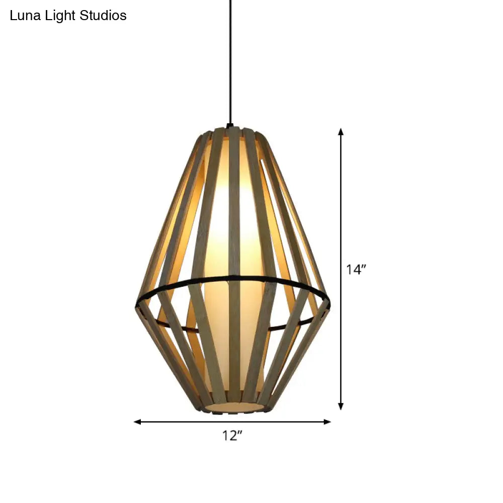 Asia Wood Cone Hanging Lamp - Brown Ceiling Pendant Light With White Parchment Inner Tube Shade