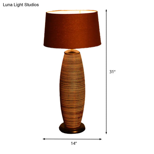 Asia Wood Small Desk Lamp With Oval Task Lighting Coffee Color And Fabric Drum Shade