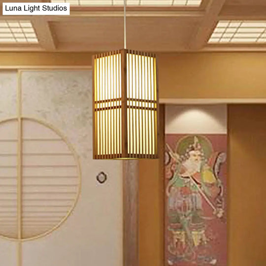 Asia Wood Suspended Hanging Light With Adjustable Cord - 1 Bulb Beige Lighting Fixture