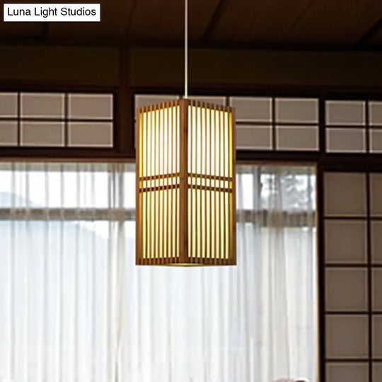 Asia Wood Suspended Hanging Light With Adjustable Cord - 1 Bulb Beige Lighting Fixture