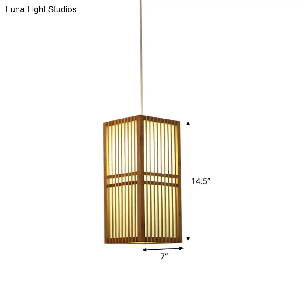 Asia Wood Suspended Hanging Light With Adjustable Cord - 1 Bulb Beige Lighting Fixture