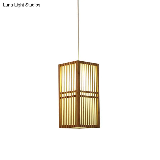 Asia Wood Suspended Hanging Light With Adjustable Cord - 1 Bulb Beige Lighting Fixture