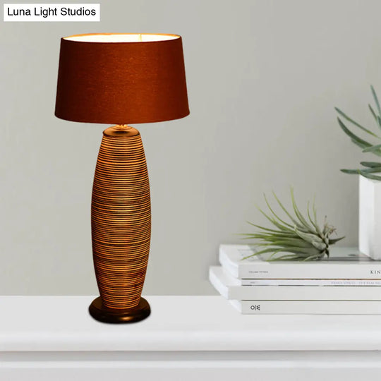 Asia Wood Table Lamp With Night Lighting Coffee Cocoon Shape & Brown Fabric Shade