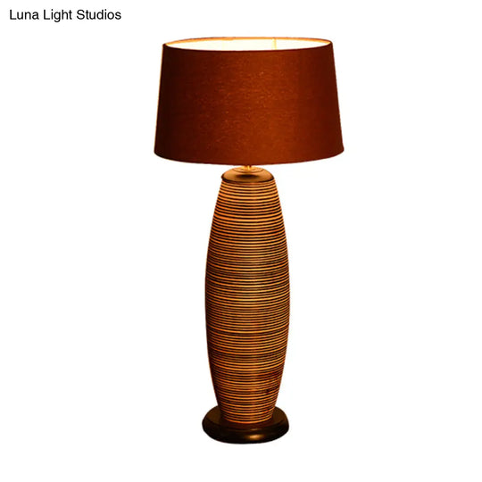 Asia Wood Table Lamp With Night Lighting Coffee Cocoon Shape & Brown Fabric Shade