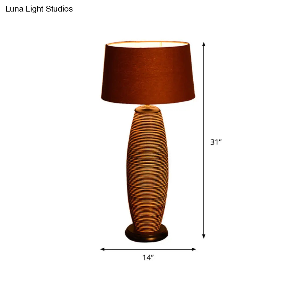 Asia Wood Table Lamp With Night Lighting Coffee Cocoon Shape & Brown Fabric Shade