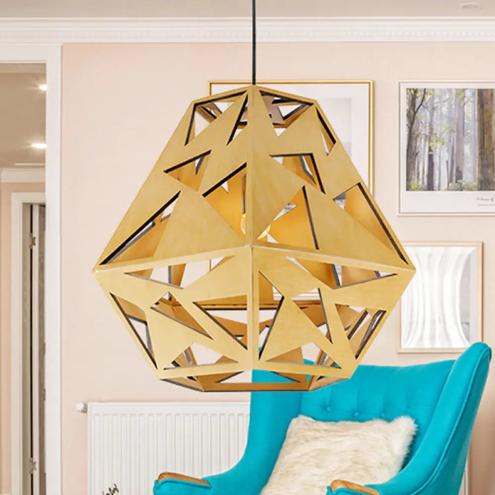 Asia Wood Triangle Cutout Ceiling Lamp In Beige - Hanging Light Fixture With 1 Bulb For Dining Room