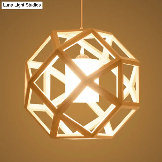 Asia Wooden Globe Pendant Light With Beige Fabric Shade