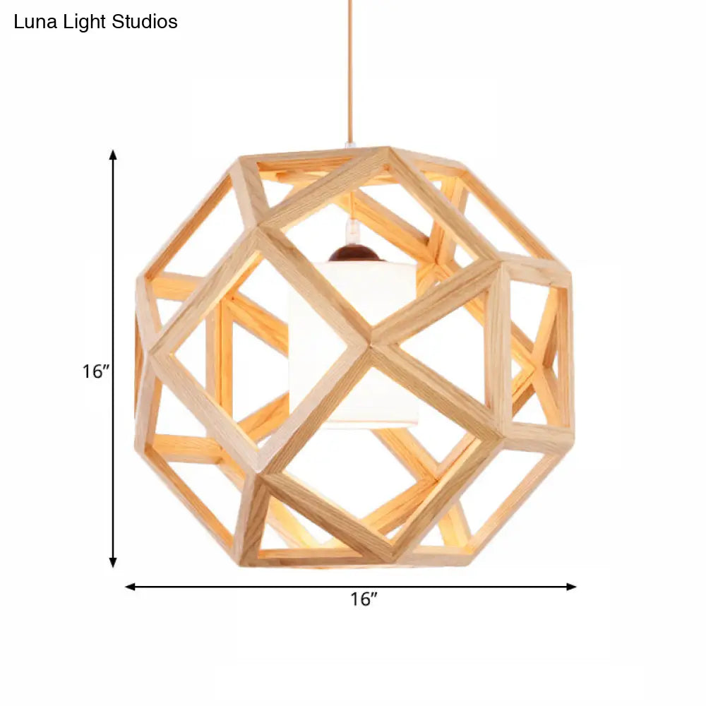 Asia Wood Globe Pendant Light With Beige Fabric Shade - Single Bulb Hanging Lamp