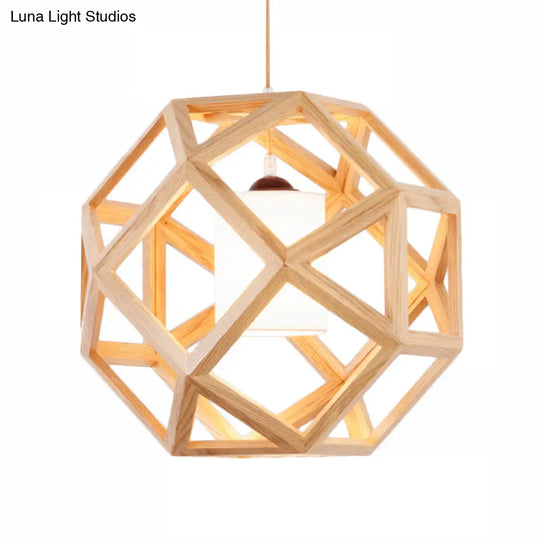 Asia Wooden Globe Pendant Light With Beige Fabric Shade