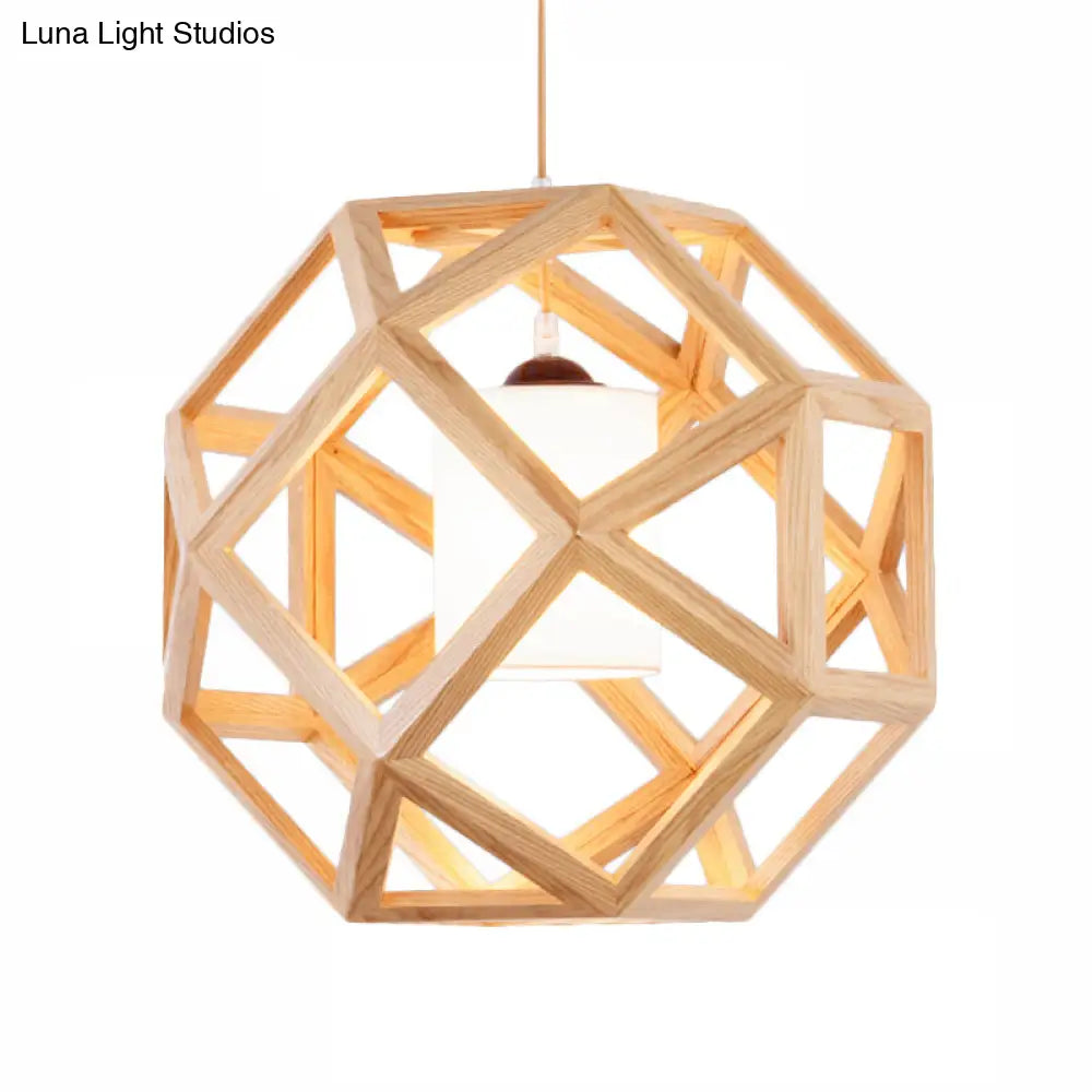 Asia Wood Globe Pendant Light With Beige Fabric Shade - Single Bulb Hanging Lamp