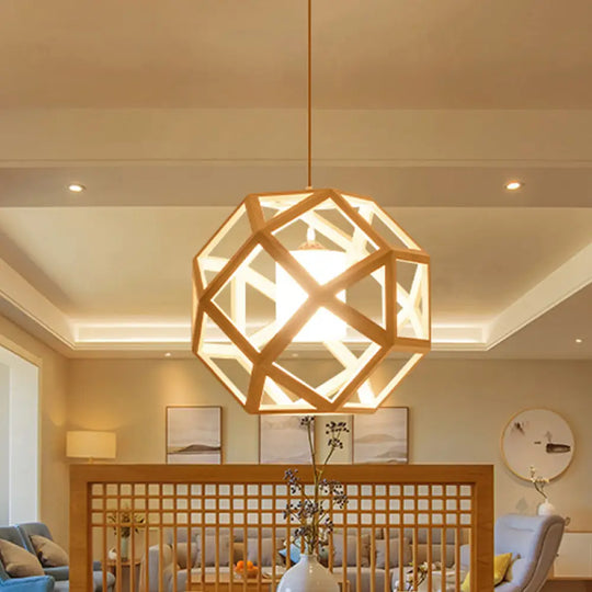 Asia Wooden Globe Pendant Light With Beige Fabric Shade Wood