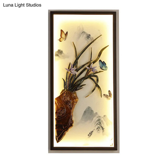 Asian Aluminum Led Wall Mount Light In Black With Butterfly Mountain Landscape Mural