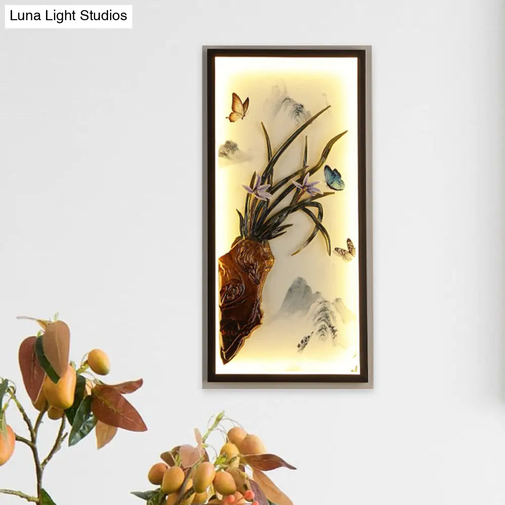 Asian Aluminum Led Wall Mount Light In Black With Butterfly Mountain Landscape Mural