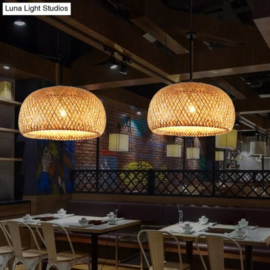 Asian Bamboo 1-Light Double Walled Pendant Lamp Kit In Beige For Restaurants