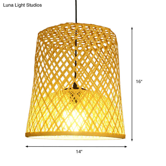 Asian Bamboo Ceiling Lamp 1 Head Beige Pendant Light Fixture For Restaurants