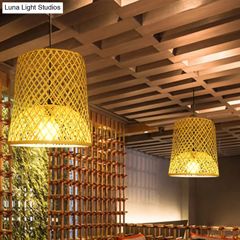 Asian Bamboo Ceiling Lamp 1 Head Beige Pendant Light Fixture For Restaurants