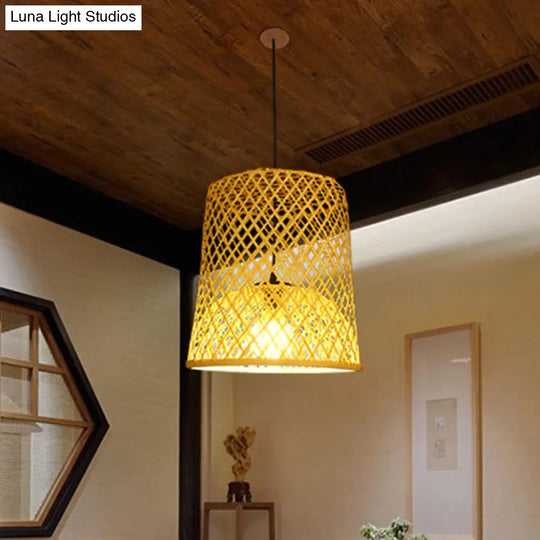 Asian Bamboo Ceiling Lamp 1 Head Beige Pendant Light Fixture For Restaurants