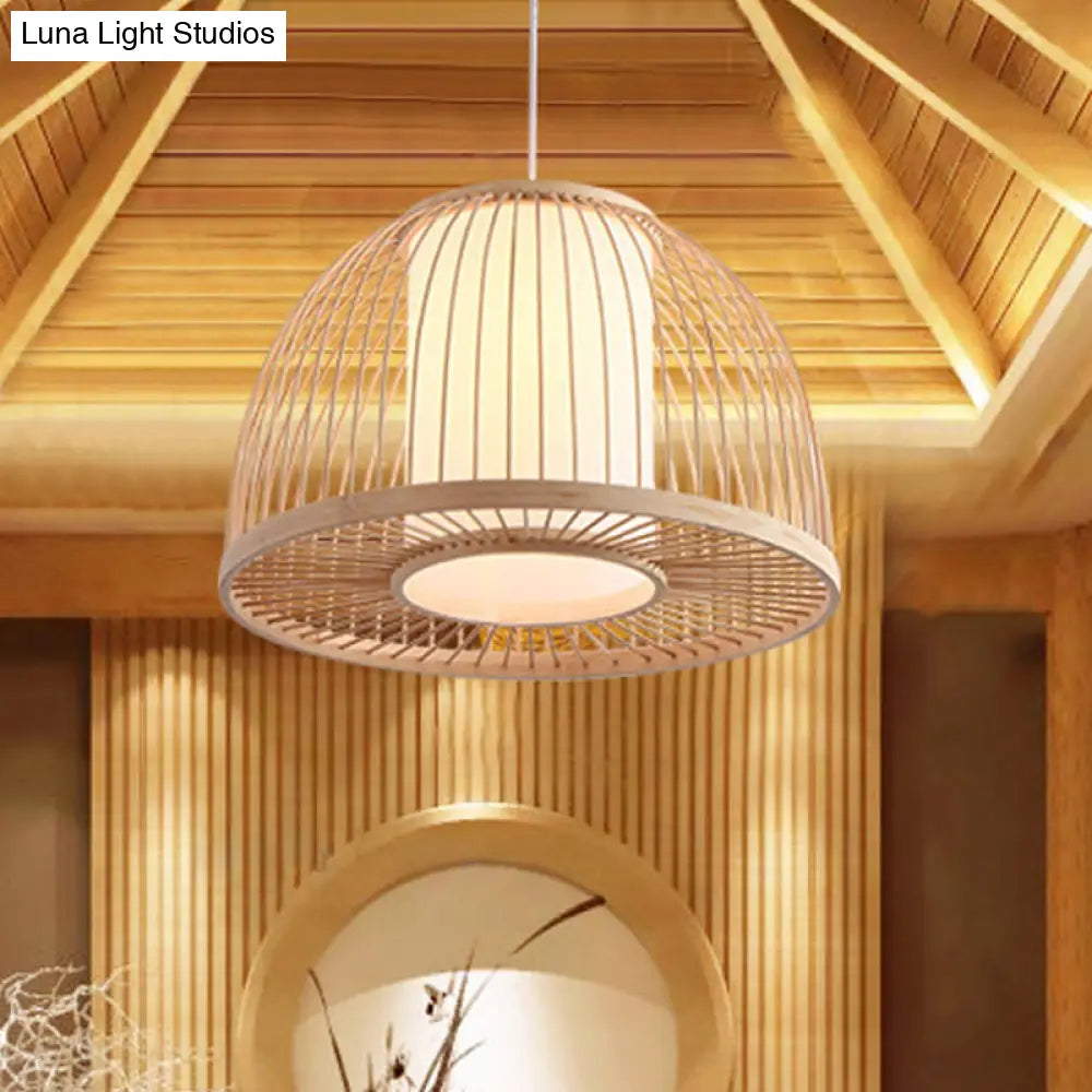 Asian Bamboo Domed Pendant Light - Wood Suspended Lighting Fixture With 1 Bulb 14/16 Wide