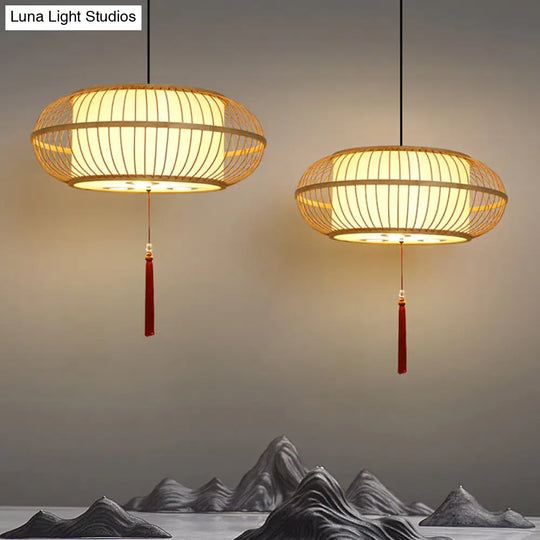 Asian Bamboo Drum Pendant Ceiling Lamp: Beige 1-Light Suspension Light With Tassel Knot