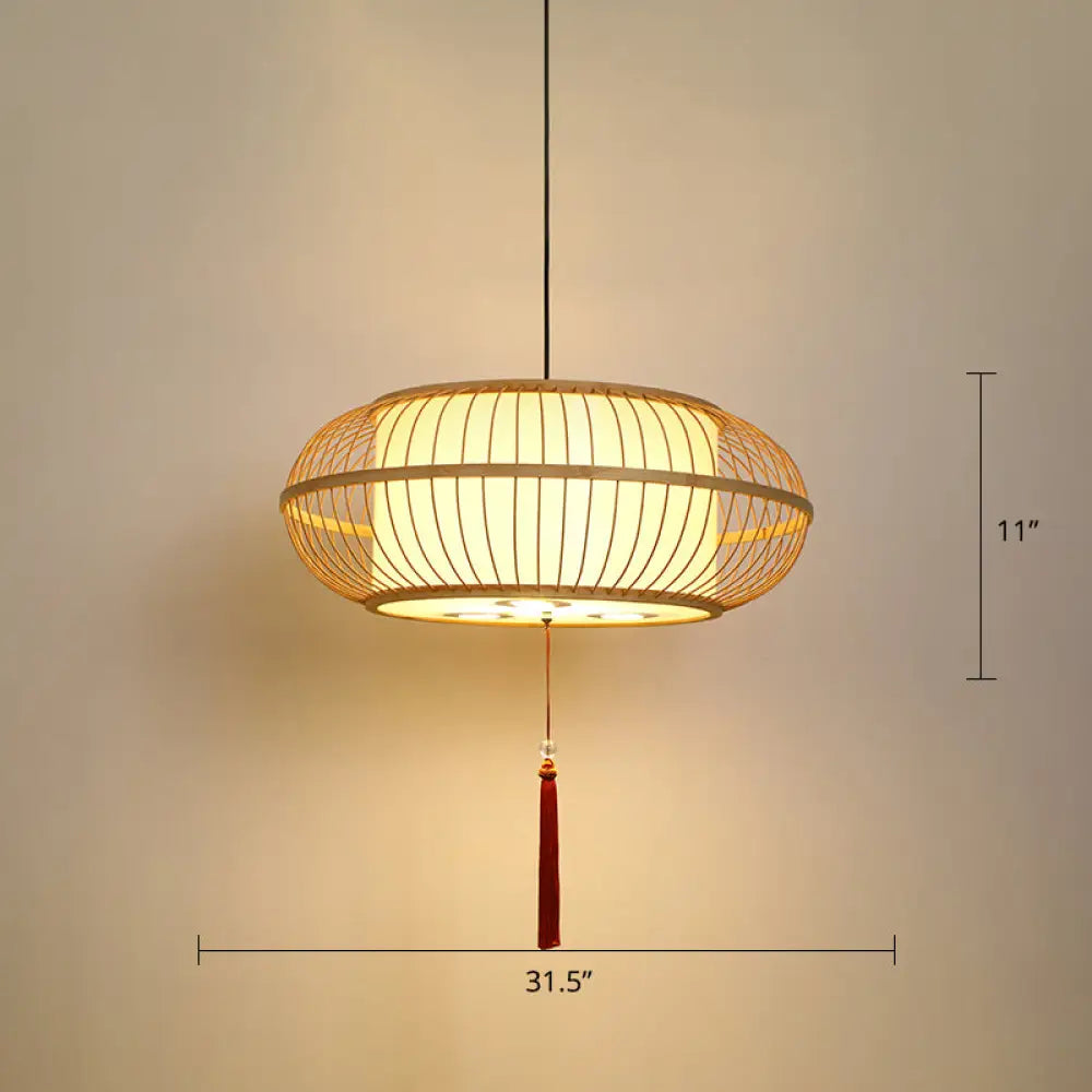 Asian Bamboo Drum Pendant Ceiling Lamp: Beige 1-Light Suspension Light With Tassel Knot / 31.5