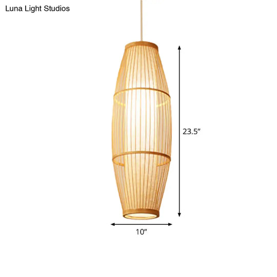 Asian Bamboo Elliptical Pendant Light - Beige Ceiling Lamp With 1 Bulb For Living Room