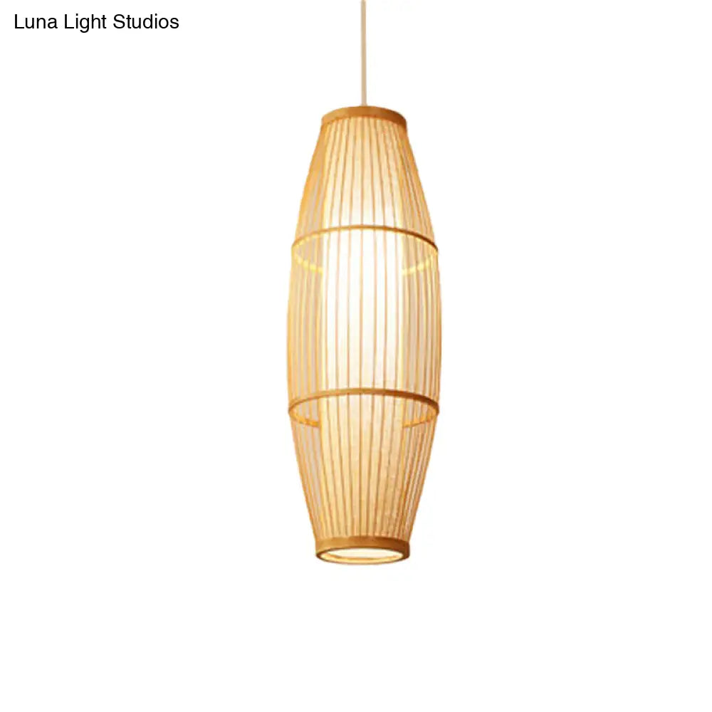 Asian Bamboo Hanging Pendant Light - Elliptical Design Beige 1 Bulb Perfect For Living Room