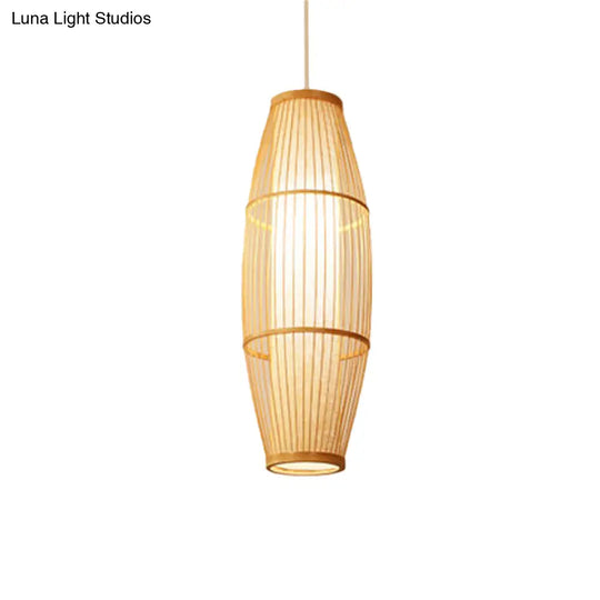 Asian Bamboo Hanging Pendant Light - Elliptical Design Beige 1 Bulb Perfect For Living Room