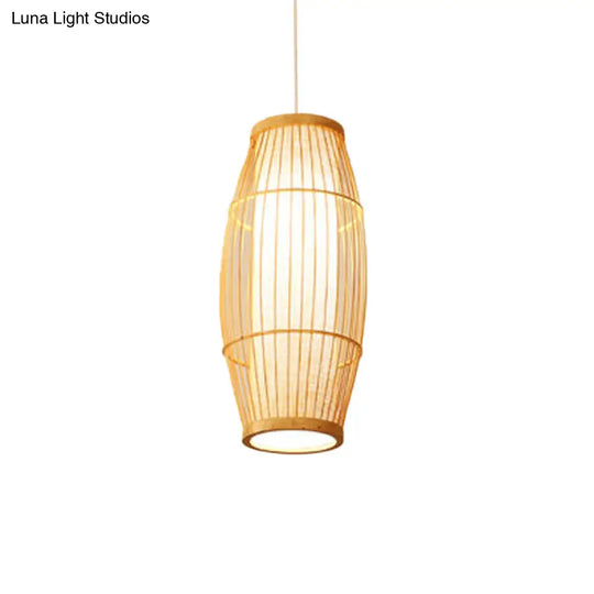 Asian Bamboo Elliptical Pendant Light - Beige Ceiling Lamp With 1 Bulb For Living Room